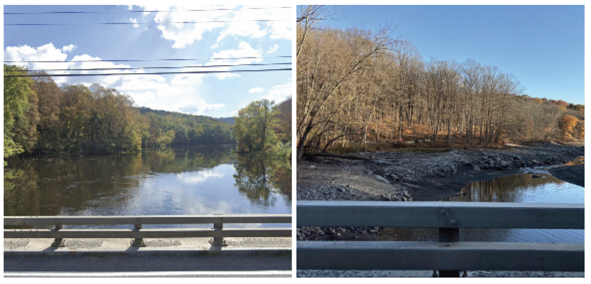 As pictured from left to right, water levels of the East Branch Reservoir from October 2023 vs November 2024 as pictured while driving over Milltown Rd. (Photo Credit: Google Street View)